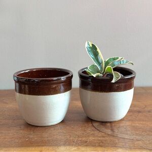 Vintage Pottery Brown Retro Stoneware Crock Bowl Planters Set of 2